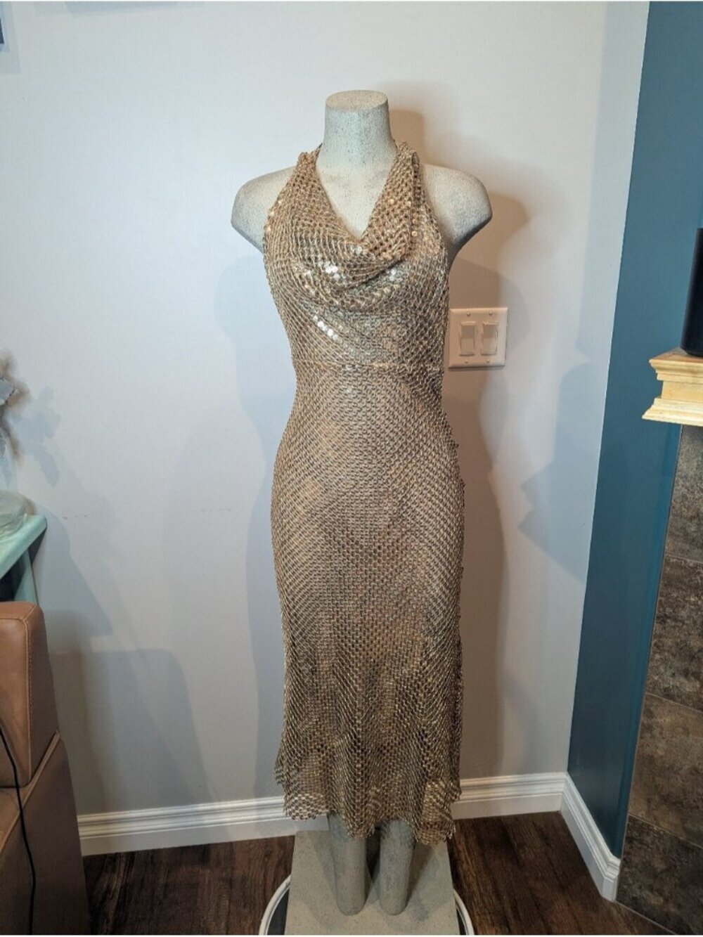 ZARA Gold Sequin Mesh Halter cowl neck open back Midi Maxi Dress EUC Size XS - Picture 6 of 16